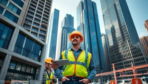 New York City General Contractor overseeing a dynamic construction project in a bustling urban environment.