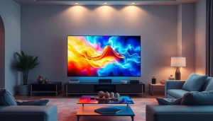 Showcase the stunning visual of iron tv bringing a futuristic ambiance to modern living spaces.