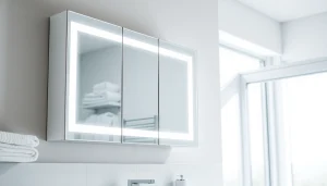 Spiegelschrank mit LED Beleuchtung bietet elegantes Design und praktischen Stauraum im Badezimmer.