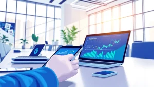 Showcasing innovative Technology devices in a modern office space with vibrant, clean visuals.