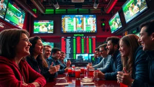 Engaged group of bettors enjoying the best sportsbooks in Mexico at a vibrant betting scene with live sports.