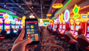 Main screen showing slot depo pulsa gameplay on a smartphone with a lively casino backdrop.