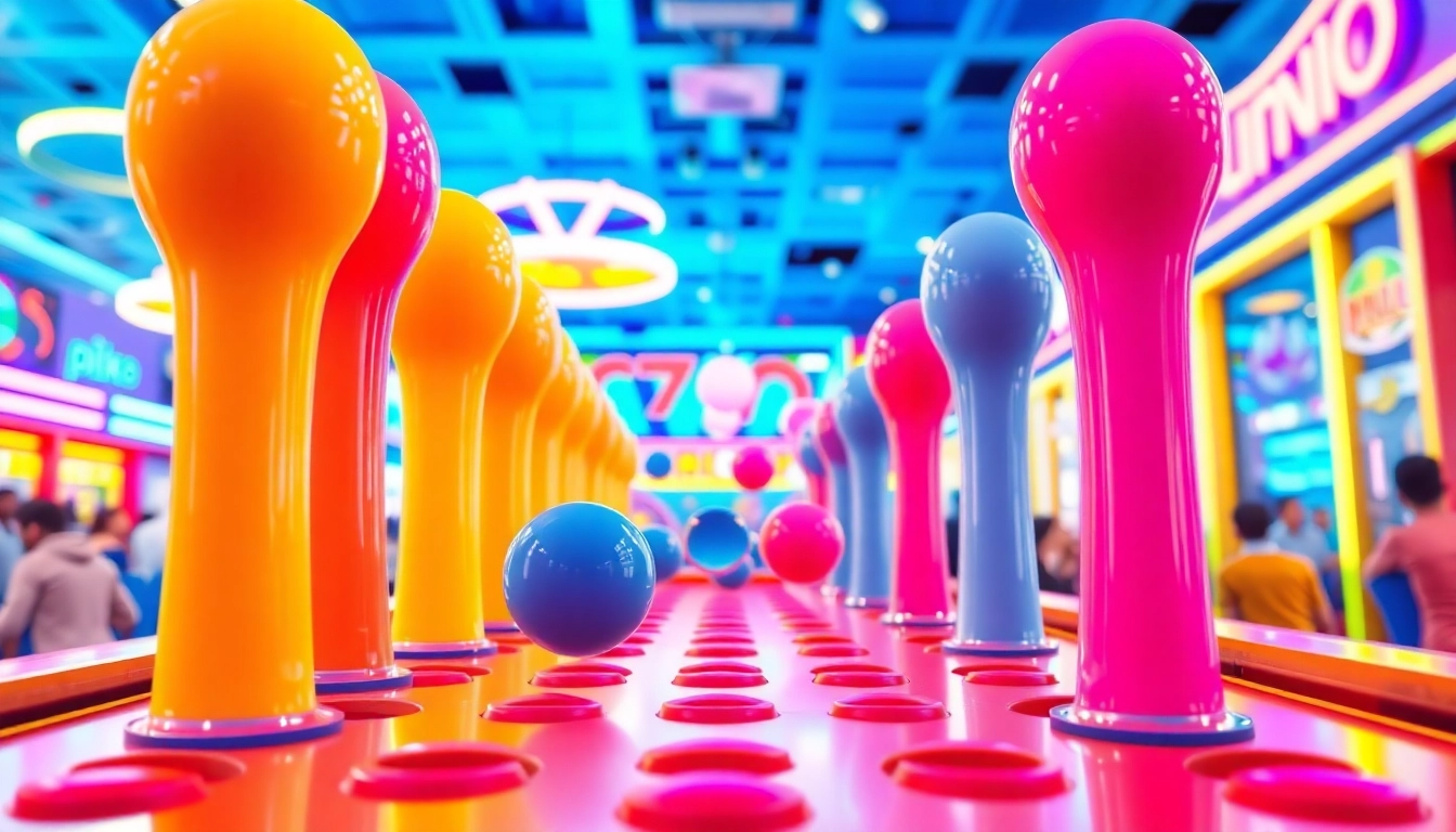 Main game demo plinko yang menarik dengan bola terjatuh melalui paku berwarna-warni.