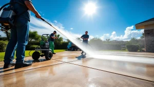 Concrete cleaning in progress by professionals, restoring driveway appearance.