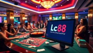 lc88 đăng nhập interface displayed on a mobile device in a vibrant casino setting with players.