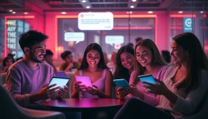 Engaging individuals enjoying sexting AI interactions in a cozy cyber café