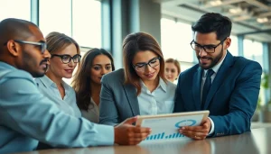 Analyze competitor pricing data with collaborative professionals in a modern office