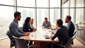 Engaged Business Consultants in Dubai collaborating in a modern office setting.