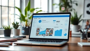 Engage with the Instagram smm panel displayed on a sleek laptop amid social media icons and analytics.