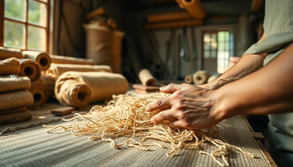 Jute vezels worden geweven tot stoffen door een vakman in een zonnige werkplaats.