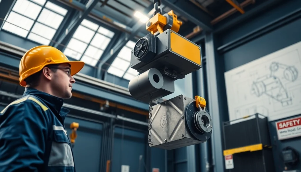 Electric chain hoist crane lifting large metal component in industrial setting