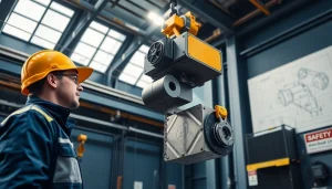 Electric chain hoist crane lifting large metal component in industrial setting