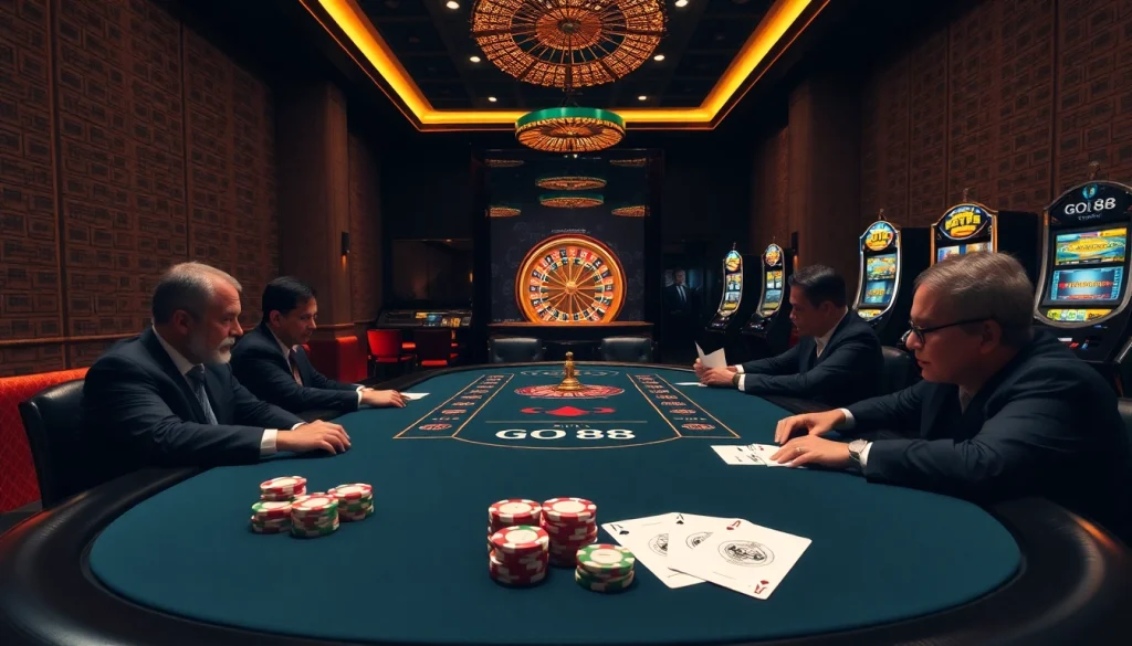 Excited gamers at a luxurious GO88 poker table with vibrant chips and cards in action.