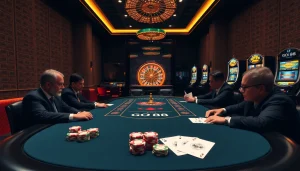 Excited gamers at a luxurious GO88 poker table with vibrant chips and cards in action.