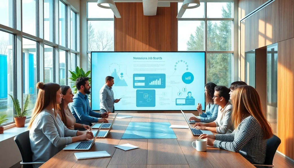 Explore sales job boards through a professional office space showcasing teamwork and collaboration.