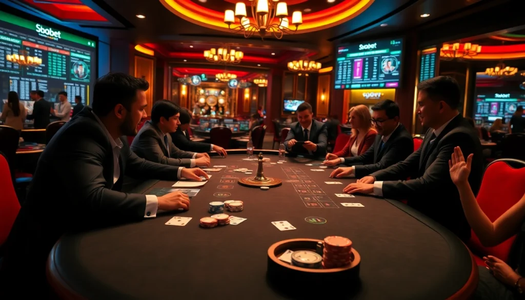 Players enjoying sbobet poker in an upscale casino, showcasing excitement and a vibrant atmosphere.