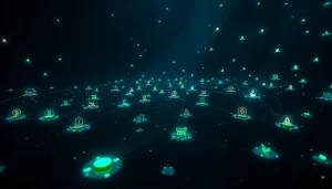 An illustration representing the hidden wiki on the dark web, featuring interconnected digital nodes and cryptocurrency symbols in a mysterious atmosphere.