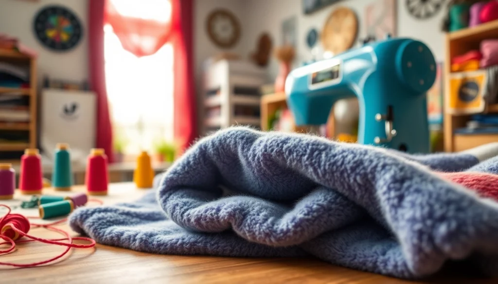 Fleece stof met heldere kleuren en naaiaccessoires op een tafel, perfect voor creatief werk.