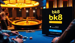 bk8 login interface at a vibrant casino table with players enjoying blackjack and roulette.