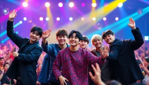 Dynamic performance of bts members captivating the audience with their energy and expressions.