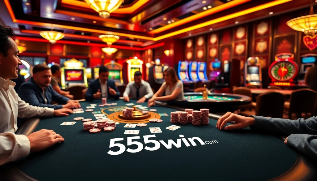 Experience thrilling games at 555win com with poker chips and vibrant tables.