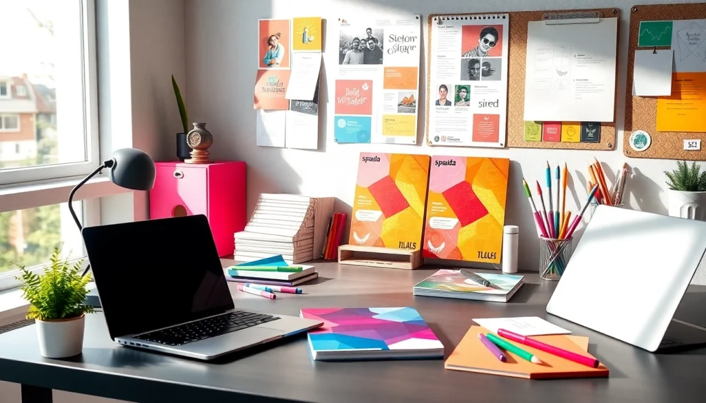 Spauda ant bloknotų rodomose pritaikytose užrašų knygelėse modernioje darbo erdvėje, demonstruojanti kūrybiškumą ir dizainą.