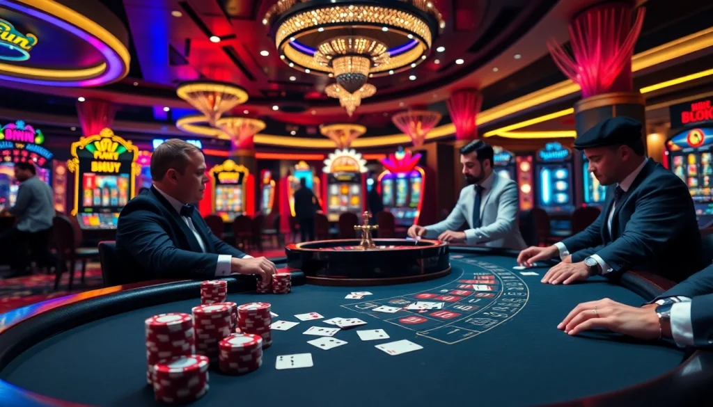 Gamblers enjoying high-stakes poker games at https://okfun.page with vibrant casino visuals.