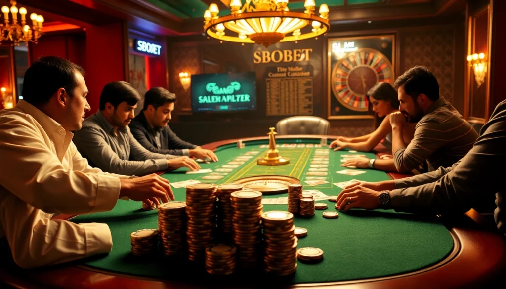 Players engage with SBOBET at a luxurious poker table, with vibrant chips and cards creating an exciting atmosphere.