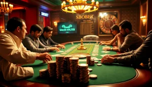 Players engage with SBOBET at a luxurious poker table, with vibrant chips and cards creating an exciting atmosphere.