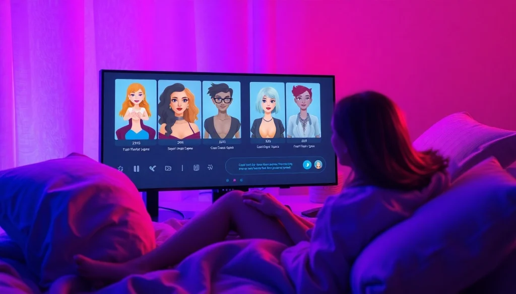 Engaging AI sex chatbot interaction in a cozy, ambient setting showcasing diverse avatars, representing futuristic intimacy.