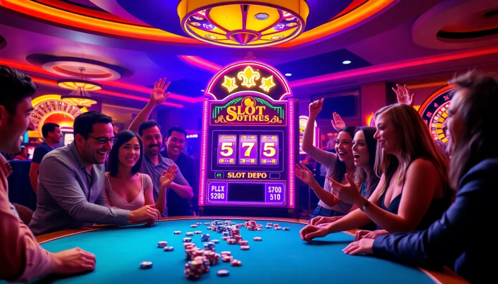 Experience the excitement of slot depo 5rb with lively players celebrating wins at a luxurious slot machine.