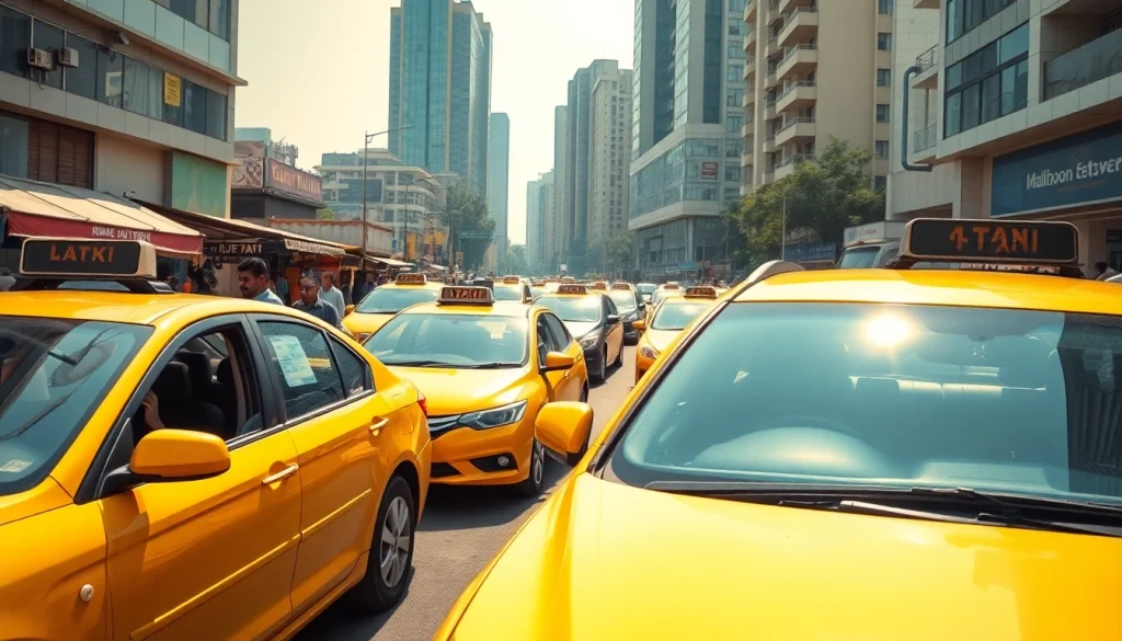 Gurgaon Taxi Service scene with various clean cabs at a busy market, illustrating convenience and trust.