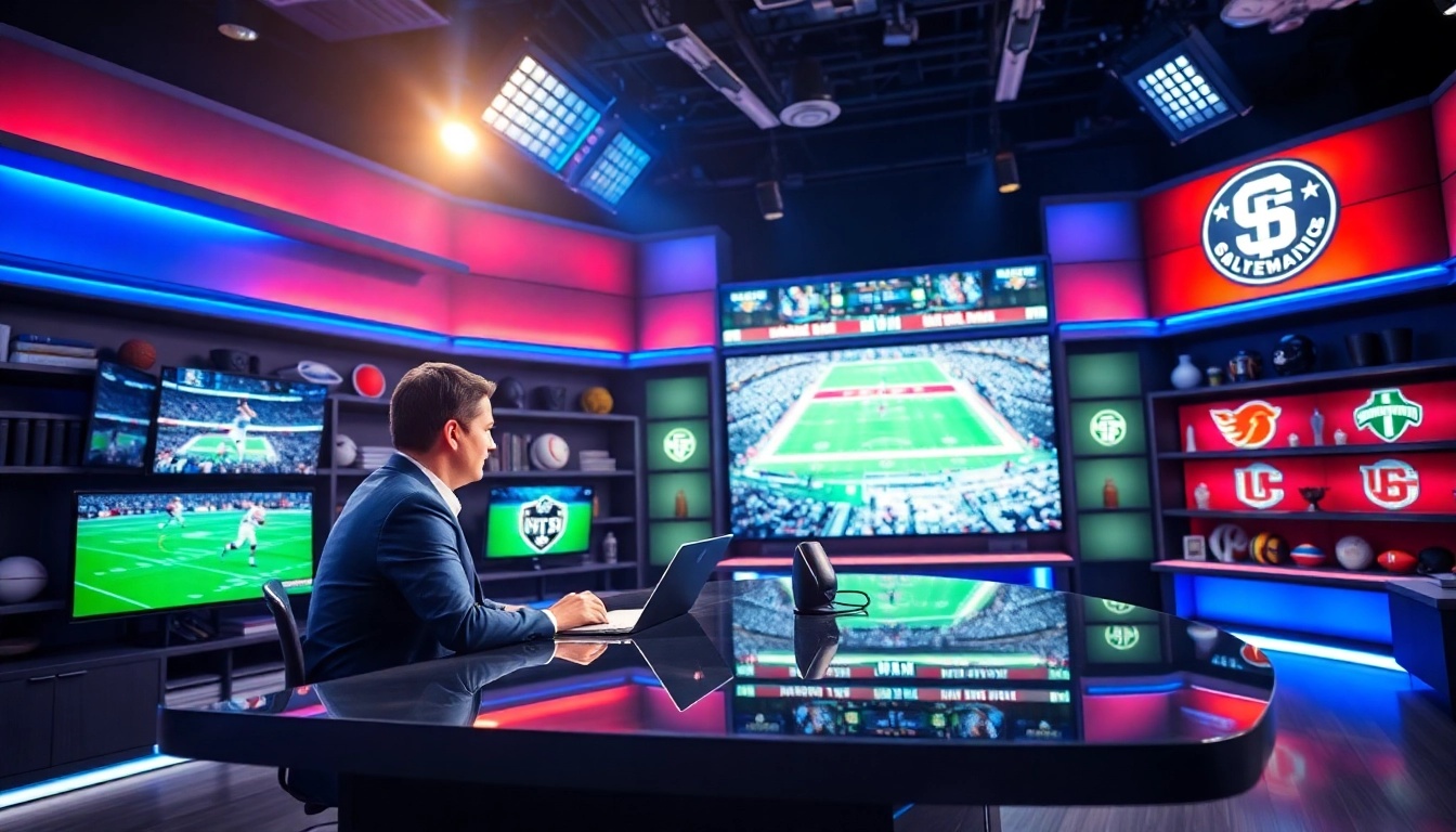 Engaging sports broadcasting scene with an analyst presenting game highlights.