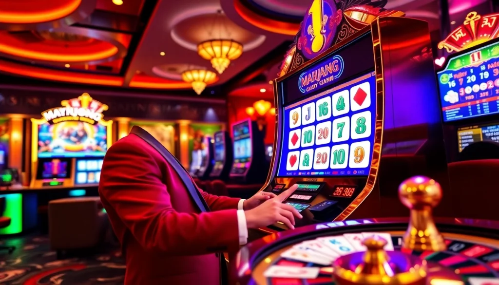 Experience the thrill of playing a Mahjong slot demo in this vibrant casino scene.