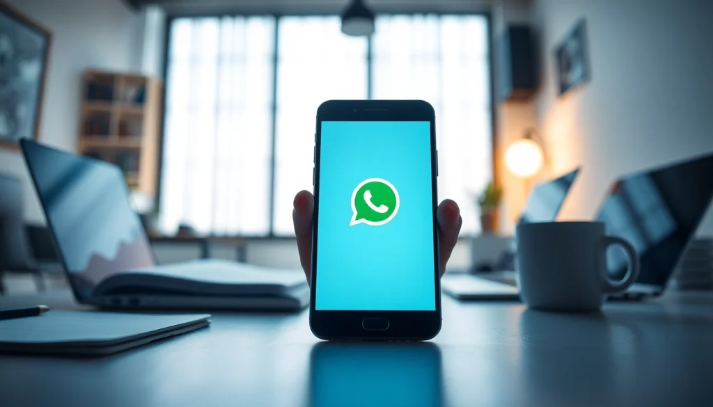 GB WhatsApp APK displayed on a smartphone in a modern workspace, illustrating advanced messaging features.