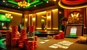 Engaging scene of gamblers enjoying onicplay login at a luxurious poker table.