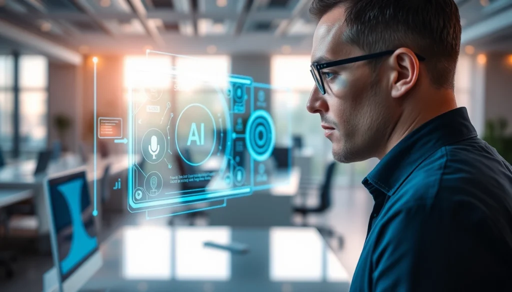 Engaging Human Interface with AI in a sleek futuristic office environment with interactive displays.