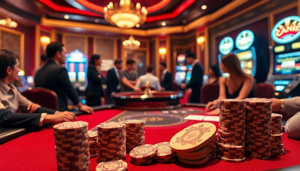 Engaging poker game with luxurious setup at vua99 casino, showcasing chips and cards.
