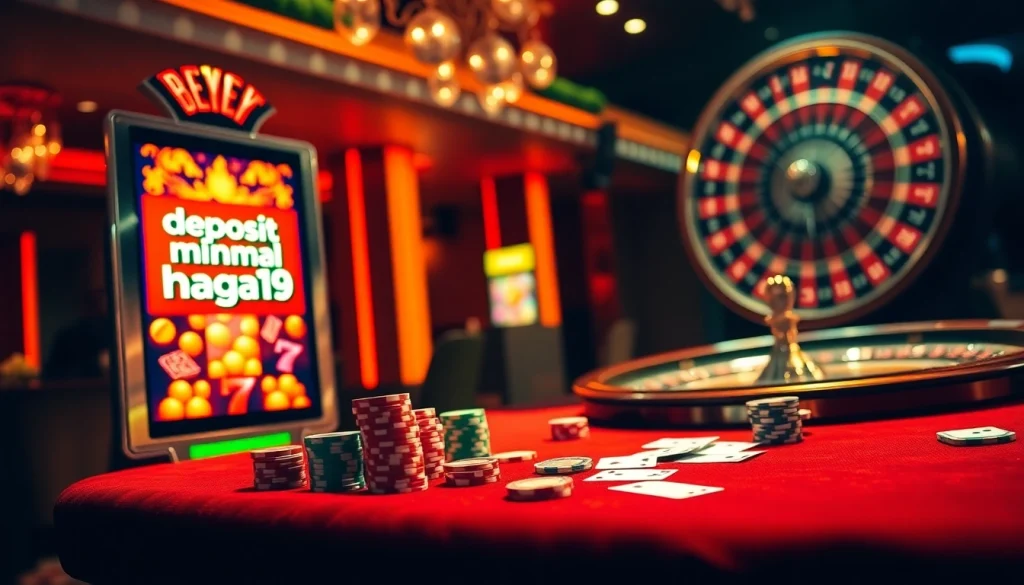 Experience the thrill of gambling with deposit minimal Naga169 at a vibrant slot machine in a luxurious casino.