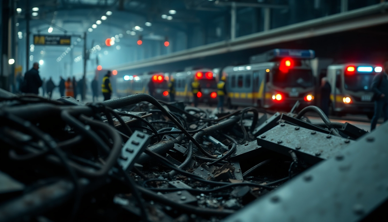 Spain train crash aftermath with emergency responders on-site amid twisted metal and debris.